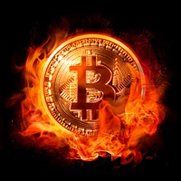 Bitcoin on fire, cryptocurrency clipart, digital finance, grunge remixed media