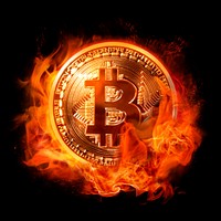 Flaming bitcoin clipart, cryptocurrency, digital finance, grunge remixed media psd