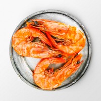 Cooked prawn on a plate, seafood on white background, food photography