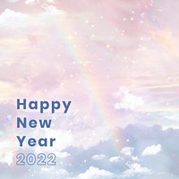 New year template psd, aesthetic pastel rainbow sky, social media post design