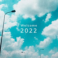 Aesthetic new year template psd, cloudy blue sky with lamp posts, welcome 2022