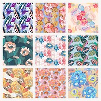 Seamless flower pattern background, vintage botanical art deco psd set