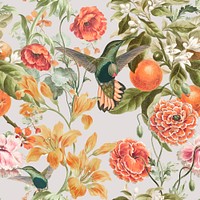 Summer botanical pattern background, birds design psd, remixed from original artworks by Pierre Joseph Redouté