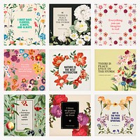 Flower quote Instagram post templates set psd, remixed from original artworks by Pierre Joseph Redouté