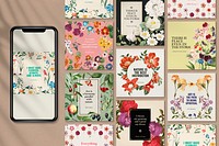 Vintage floral Facebook post templates set psd, remixed from original artworks by Pierre Joseph Redout&eacute;