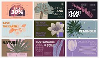 Botanical & floral web banner template set, retro modern aesthetic halftone design psd