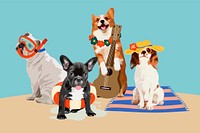 Dog beach party collage element, aesthetic illustration psd