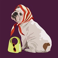 Dog lady clipart, English Bulldog, aesthetic illustration