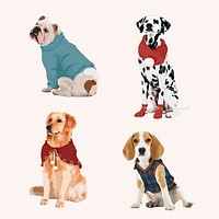 Cute winter dogs, aesthetic vector illustration set