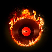 Flaming vinyl record clipart, grunge music, red neon design psd