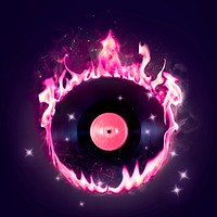 Flaming vinyl record clipart, grunge music, pink neon design