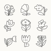 Flower doodle sticker, black design on beige background vector set