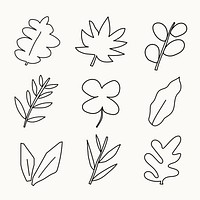 Leaf doodle sticker, black design on beige background psd set
