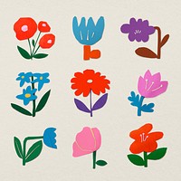 Paper craft doodle sticker, floral design on beige background psd set