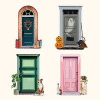 Festive decorated doors clipart, home exterior illustration set psd