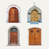 Gothic church doors clipart, medieval architecture set vector