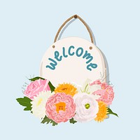 Welcome hanging sign, blooming flower, shop decor illustration psd