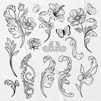 Flower clipart, line art aesthetic black design element vector set