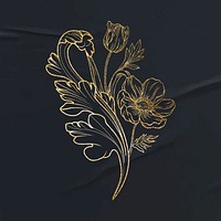 Gold flower sticker, ornamental floral line art vector