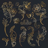 Gold flower clipart, line art aesthetic black design element vector set