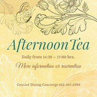 Afternoon tea invitation template, aesthetic flower graphic for social media post psd