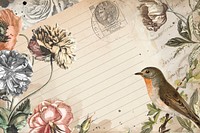 Aesthetic vintage collage digital journal note with flower and bird decorative design background