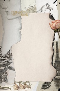 Aesthetic vintage collage digital journal note with flower and Eiffel tower decorative paper scrape frame  background