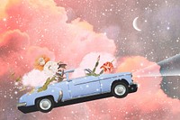 Aesthetic collage background, flying car, celestial design