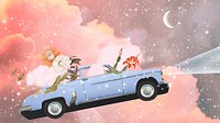 Flying car collage desktop wallpaper, pastel sky background vector