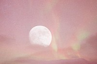 Pink sky background, full moon and northern lights design 
