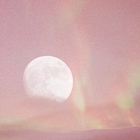 Pink sky background, full moon and northern lights design 