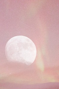 Pink sky background, full moon and northern lights design 