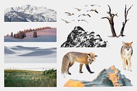 Landscape collage elements set, nature & animal psd 