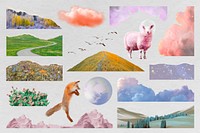 Aesthetic surreal landscape collage element vector set