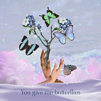 Butterflies collage background, aesthetic hands design