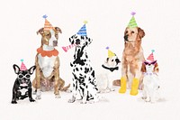 Watercolor dog birthday party illustration psd set with different breeds