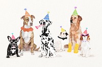 Watercolor dog birthday party illustration set with different breeds, cute pet painting 