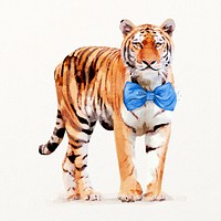 Tiger wearing bow tie illustration in watercolor