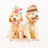 Golden retriever puppies illustration psd with hat & flower headpiece