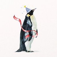 Penguin illustration psd with birthday party hat & ribbon