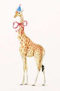Giraffe illustration psd wearing party hat and bow ribbon