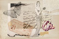 Vintage aesthetic ephemera collage, mixed media background featuring flapper and butterfly 