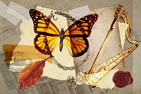 Vintage aesthetic ephemera collage, mixed media background featuring butterfly and harp psd