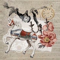 Vintage aesthetic ephemera collage, mixed media background featuring horse and flower vector