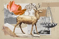 Vintage aesthetic ephemera collage, mixed media background featuring deer and rose vector