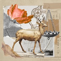 Vintage aesthetic ephemera collage, mixed media background featuring deer and rose vector