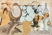 Vintage aesthetic ephemera collage, mixed media background featuring  kids and flower 