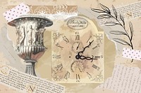 Vintage aesthetic ephemera collage, mixed media background featuring goblet and clock vector