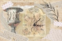 Vintage aesthetic ephemera collage, mixed media background featuring goblet and clock