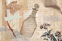 Vintage aesthetic ephemera collage, mixed media background featuring perfume bottle and flower psd
